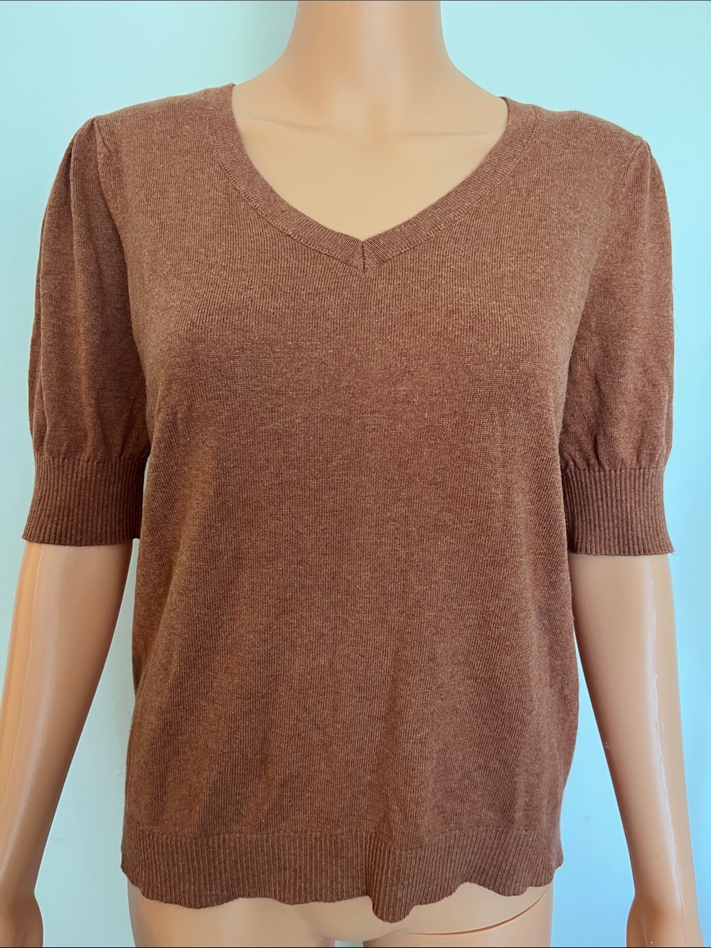LOFT Rust Colored V-Neck Short Sleeve Knit Top Sz M